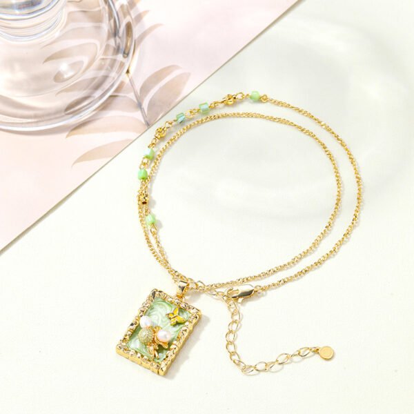 Original 18K Gold Plated Green Natural Stone Pearl Square Necklace - Image 2