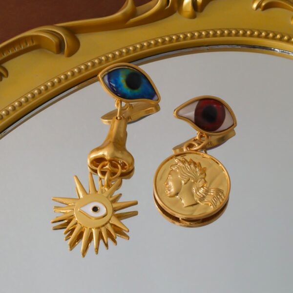Vintage Asymmetric Design Eyes Nose Sun Gold Coin Earrings - Image 3