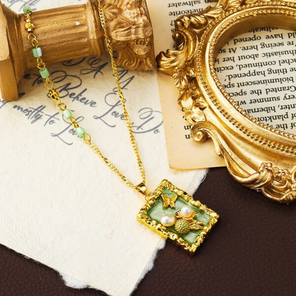 Original 18K Gold Plated Green Natural Stone Pearl Square Necklace