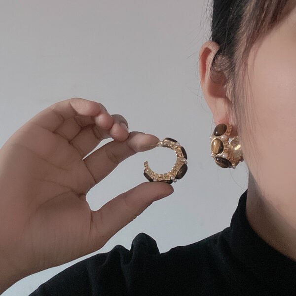18K Gold Plated Vintage Tiger Eye Stone With Pearl Hoop Earrings - Image 3