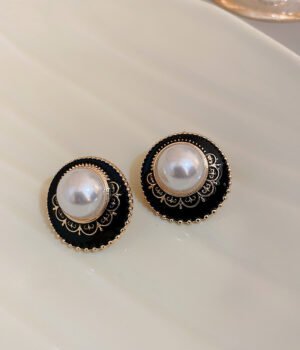 Black pearl circles 925 Sterling Silver Post Part Earrings