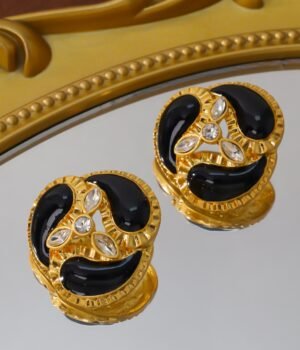 18K Gold Plated Vintage Black Enamel Earrings