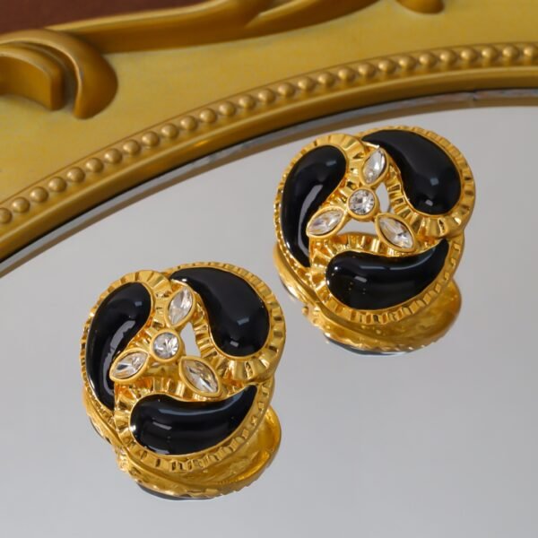 18K Gold Plated Vintage Black Enamel Earrings