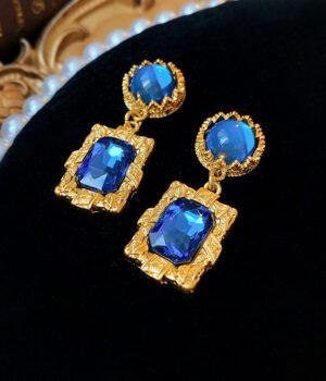 Blue diamond-studded square 925 Sterling Silver Post Part Earrings
