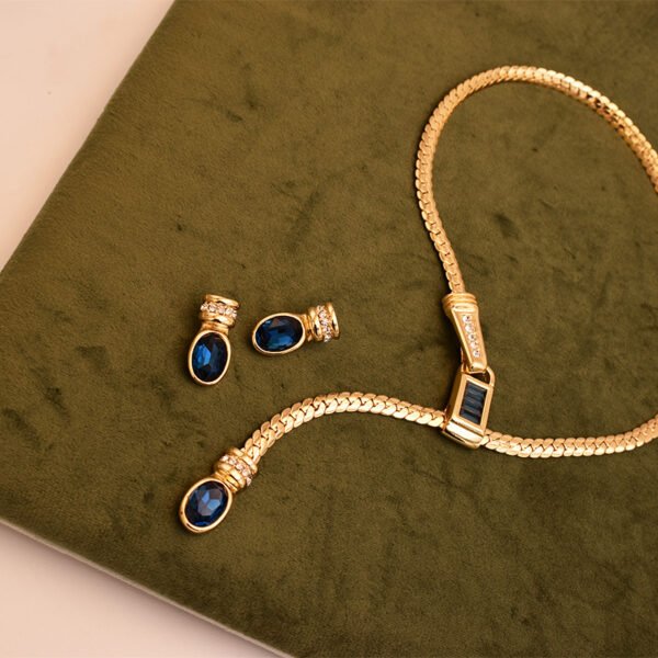 18K Gold Plated Vintage Snake Bone Chain Y-Shaped Blue Glass Necklace + Earrings Jewelry Sets - Image 2
