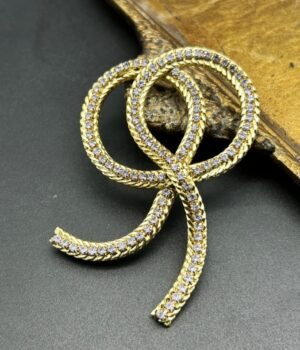 18K Gold Plated Vintage Full Diamond Bow Brooch Handmade