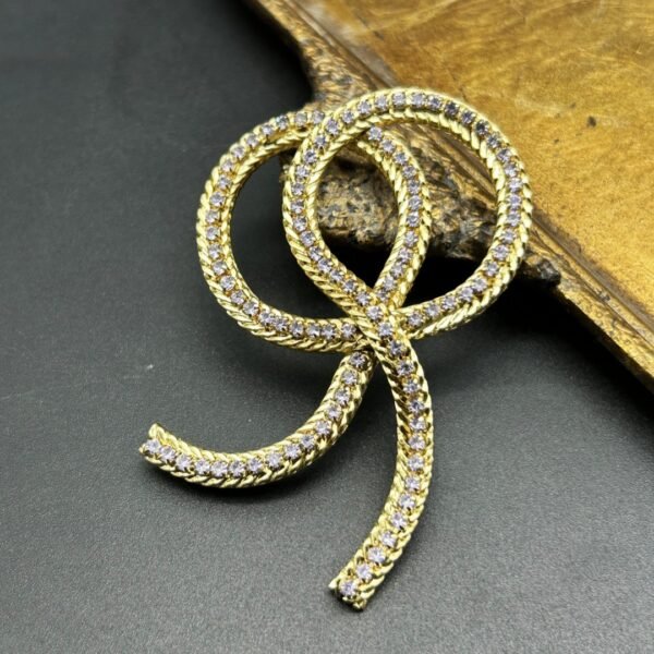 18K Gold Plated Vintage Full Diamond Bow Brooch Handmade