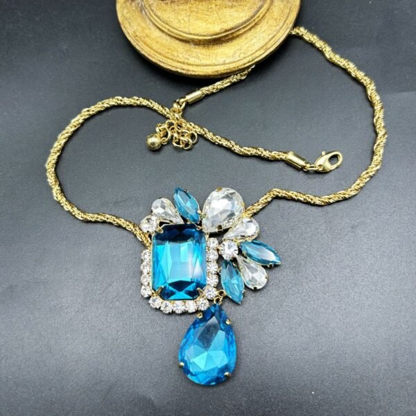 18K Gold Plated Vintage Brass Alloy Lake Blue Diamond Necklace Pendant