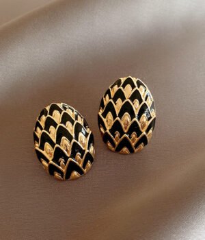 925 Silver Post Part Black Glaze Dripping Oval Pattern Earrings