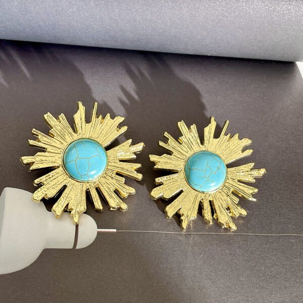 Vintage Blue Turquoise Metal Sunflower Earrings - Sterling Silver Post Part