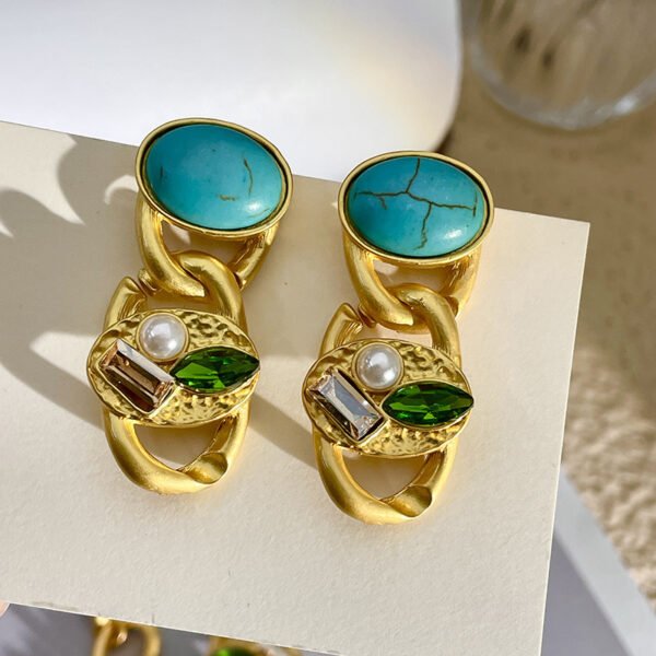 Vintage Blue Turquoise Gold Diamond-Studded Earrings - Sterling Silver Post Part