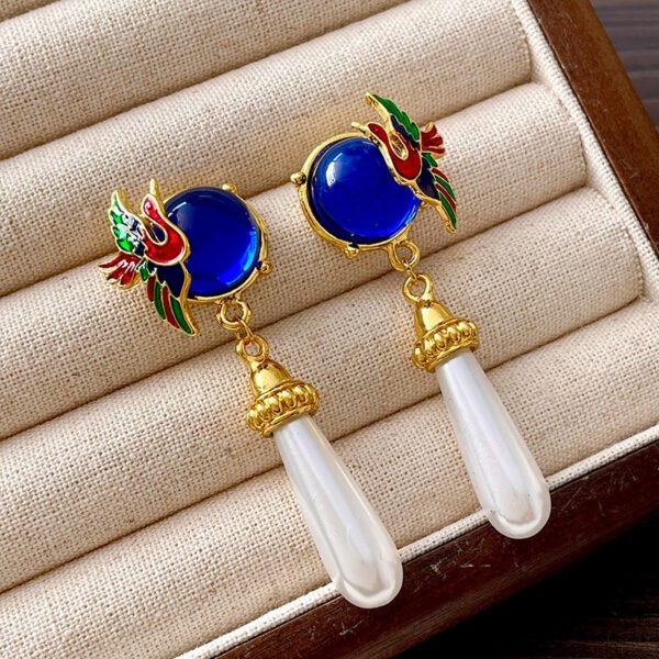 Vintage Blue Crystal Bird Pearl Earrings - Sterling Silver Post Part