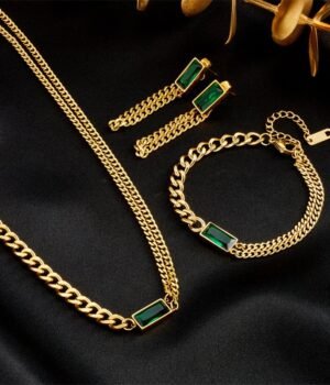 Stainless Steel 18k Gold Plated Green Square Shape Necklace Dangle Earrings Bracelet Jewelry Sets