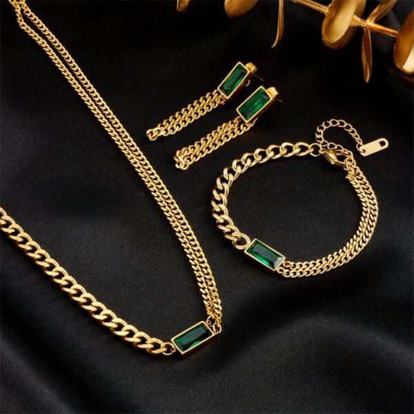 Stainless Steel 18k Gold Plated Green Square Shape Necklace Dangle Earrings Bracelet Jewelry Sets