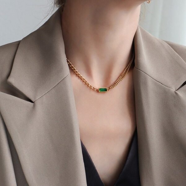 Stainless Steel 18k Gold Plated Green Square Shape Necklace Dangle Earrings Bracelet Jewelry Sets - Image 3