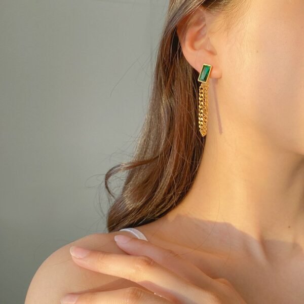 Stainless Steel 18k Gold Plated Green Square Shape Necklace Dangle Earrings Bracelet Jewelry Sets - Image 2