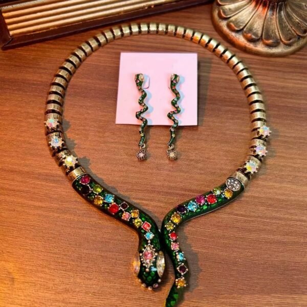 18k Gold Plated Green Snake Shape Diamonds Inlaid Necklace Dangle Earrings Jewelry Sets - Image 3