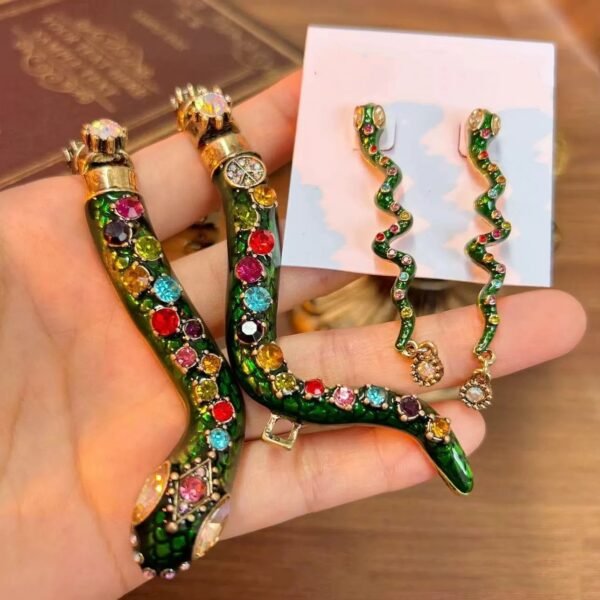18k Gold Plated Green Snake Shape Diamonds Inlaid Necklace Dangle Earrings Jewelry Sets - Image 6