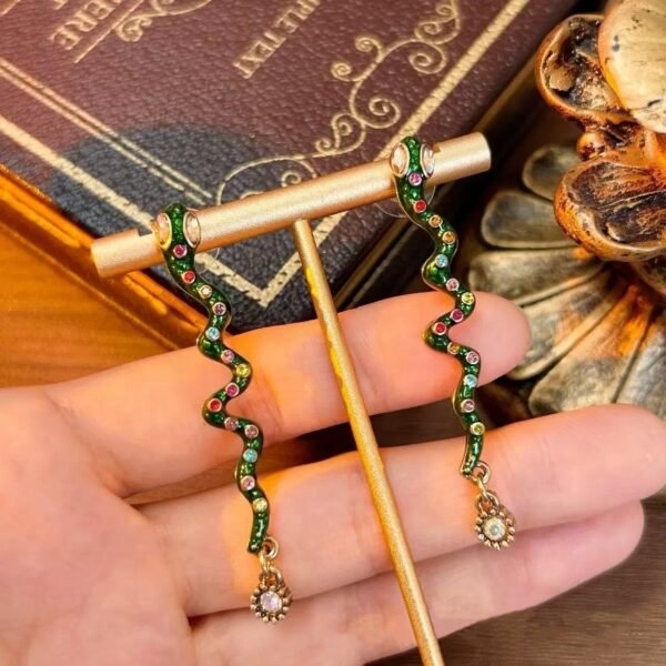 18k Gold Plated Green Snake Shape Diamonds Inlaid Necklace Dangle Earrings Jewelry Sets - Image 4
