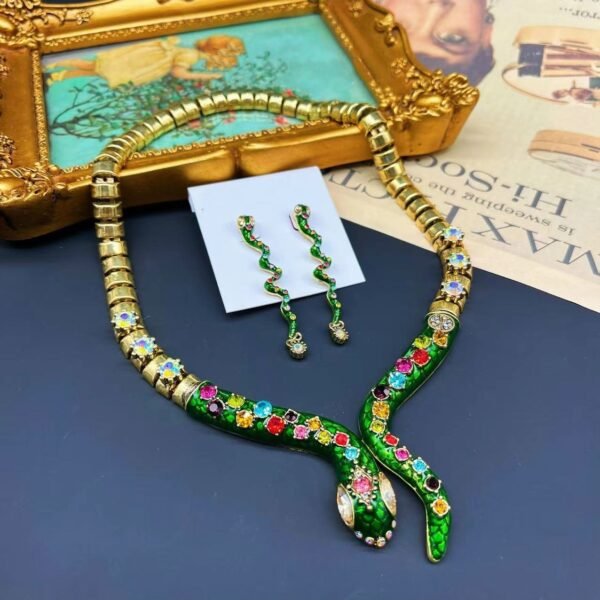 18k Gold Plated Green Snake Shape Diamonds Inlaid Necklace Dangle Earrings Jewelry Sets - Image 7