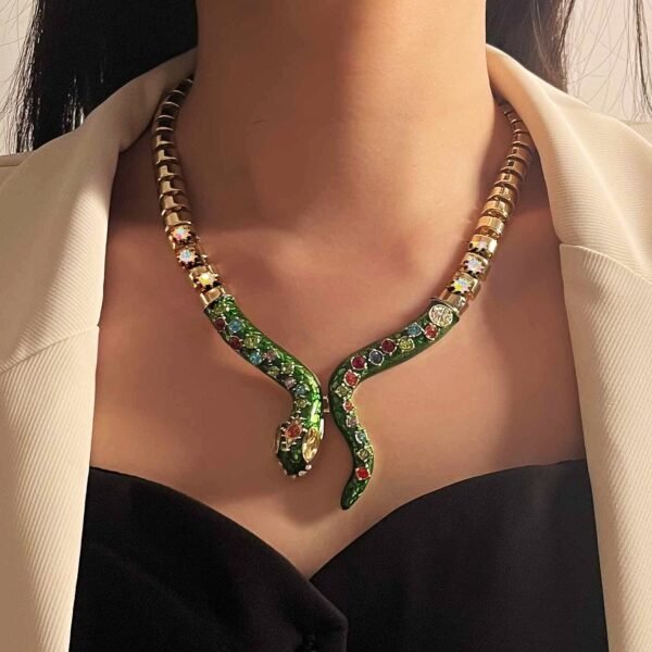 18k Gold Plated Green Snake Shape Diamonds Inlaid Necklace Dangle Earrings Jewelry Sets