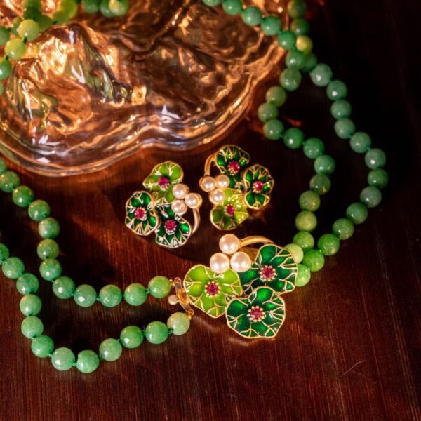 18k Gold Plated Vintage Jewelry Sets Green Agate Stones Hand Paint Enamel Leaf Necklace Earrings