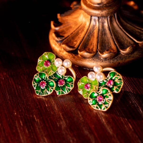 18k Gold Plated Vintage Jewelry Sets Green Agate Stones Hand Paint Enamel Leaf Necklace Earrings - Image 4