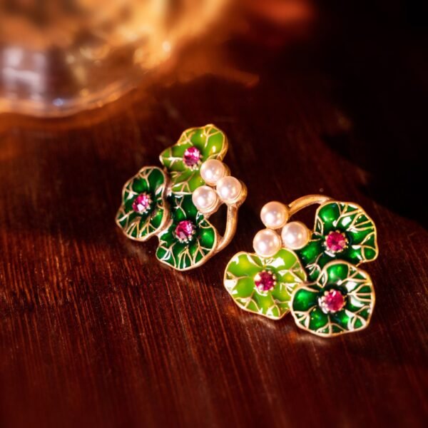 18k Gold Plated Vintage Jewelry Sets Green Agate Stones Hand Paint Enamel Leaf Necklace Earrings - Image 2