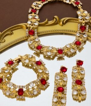 18k Gold Plated Vintage Jewelry Sets Red Zircons Inlaid Hollowed Flower Necklace Dangle Earrings Bracelet