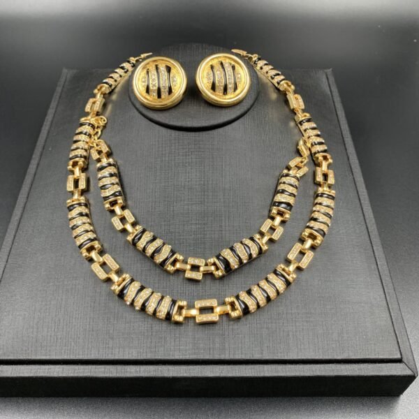 18k Gold Plated Vintage Jewelry Sets Maximelism Diamonds Inlaid Black Gold Necklace Round Stud Earrings Bracelet - Image 5