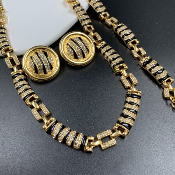 18k Gold Plated Vintage Jewelry Sets Maximelism Diamonds Inlaid Black Gold Necklace Round Stud Earrings Bracelet - Image 6