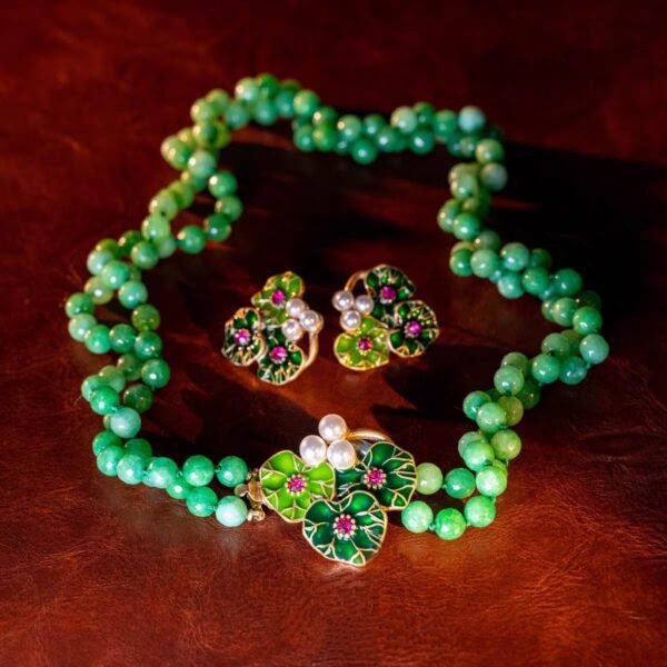 18k Gold Plated Vintage Jewelry Sets Green Agate Stones Hand Paint Enamel Leaf Necklace Earrings - Image 8