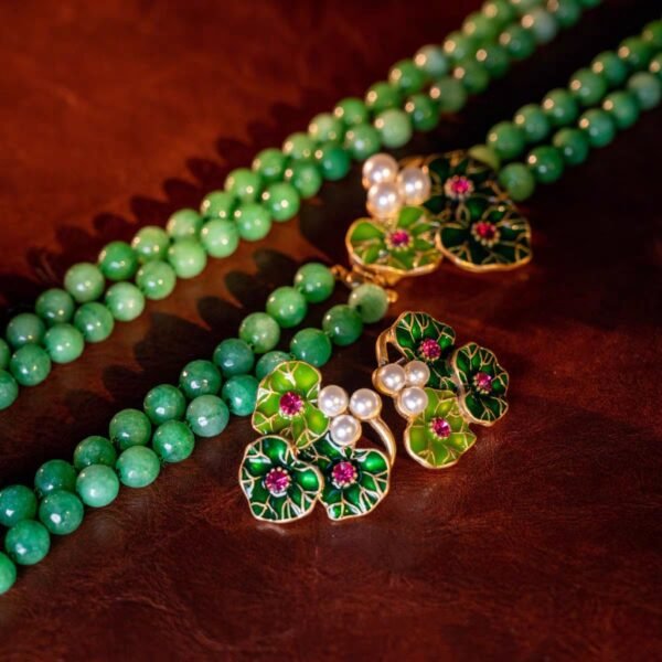 18k Gold Plated Vintage Jewelry Sets Green Agate Stones Hand Paint Enamel Leaf Necklace Earrings - Image 7