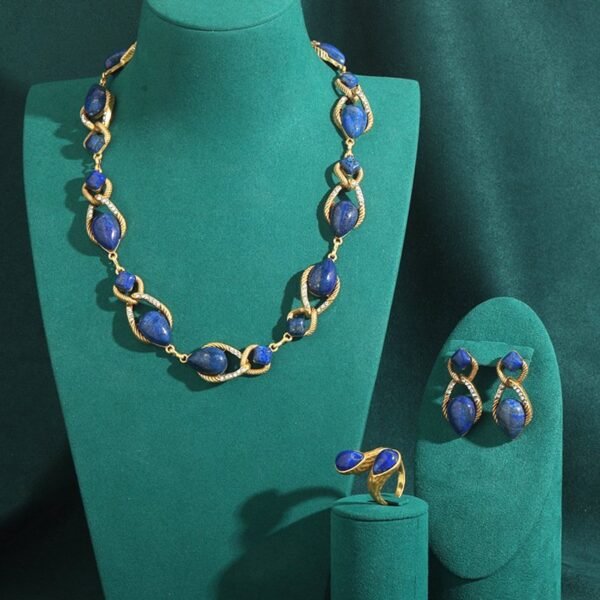 18k Gold Plated Vintage Jewelry Sets Natural Lapiz Lazuli Blue Stone Inlaid Knot Design Necklace Earrings Bracelet Adjustable Ring