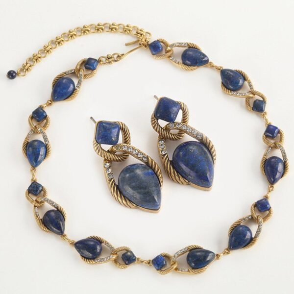 18k Gold Plated Vintage Jewelry Sets Natural Lapiz Lazuli Blue Stone Inlaid Knot Design Necklace Earrings Bracelet Adjustable Ring - Image 7