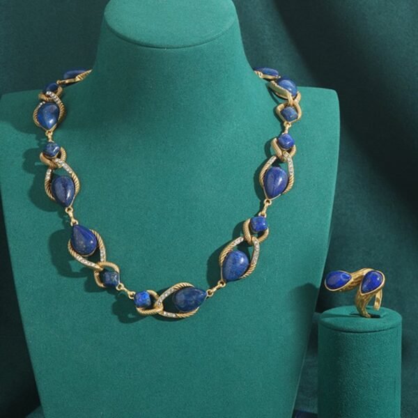 18k Gold Plated Vintage Jewelry Sets Natural Lapiz Lazuli Blue Stone Inlaid Knot Design Necklace Earrings Bracelet Adjustable Ring - Image 3