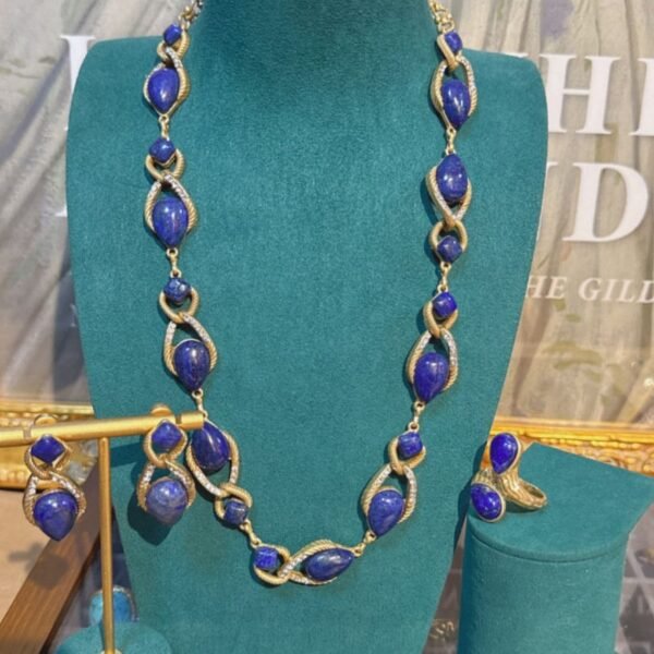 18k Gold Plated Vintage Jewelry Sets Natural Lapiz Lazuli Blue Stone Inlaid Knot Design Necklace Earrings Bracelet Adjustable Ring - Image 4