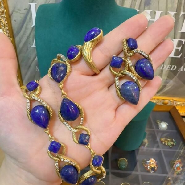 18k Gold Plated Vintage Jewelry Sets Natural Lapiz Lazuli Blue Stone Inlaid Knot Design Necklace Earrings Bracelet Adjustable Ring - Image 2