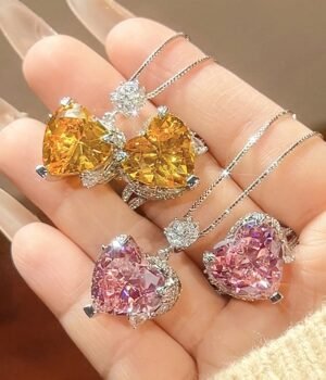 High Clarity Heart Shape Pink / Yellow Zircon Silvery Color Necklace Adjustable Ring