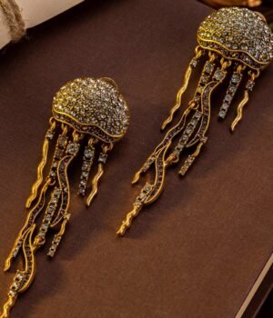 18k Gold Plated Vintage Jewelry Jelly Fish Shape Diamonds Inlaid Dangle Earrings