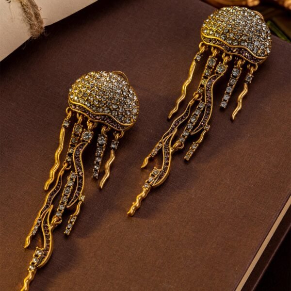 18k Gold Plated Vintage Jewelry Jelly Fish Shape Diamonds Inlaid Dangle Earrings