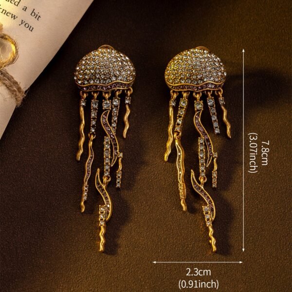 18k Gold Plated Vintage Jewelry Jelly Fish Shape Diamonds Inlaid Dangle Earrings - Image 3