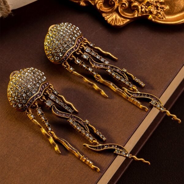 18k Gold Plated Vintage Jewelry Jelly Fish Shape Diamonds Inlaid Dangle Earrings - Image 4