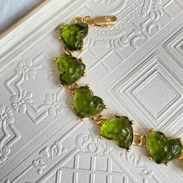 18K Gold Plated Vintage Heart Shape Crystal Glass Necklace Bracelet Earrings Ring Jewelry Sets - Light Green - Image 4