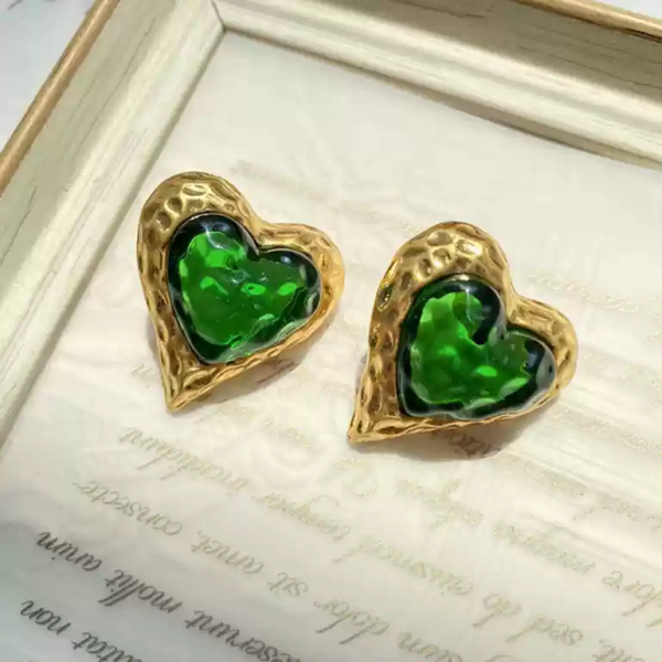 18K Gold Plated Vintage Heart Shape Crystal Glass Necklace Jewelry Sets - Dark Green - Image 5