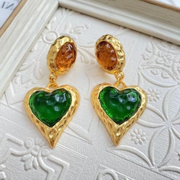 18K Gold Plated Vintage Heart Shape Crystal Glass Necklace Jewelry Sets - Dark Green - Image 3