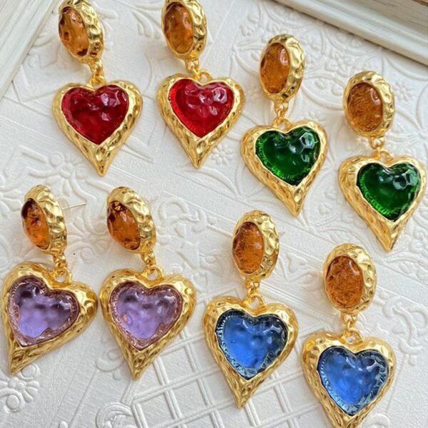 18K Gold Plated Vintage Heart Shape Crystal Glass Necklace Jewelry Sets - Dark Green - Image 7