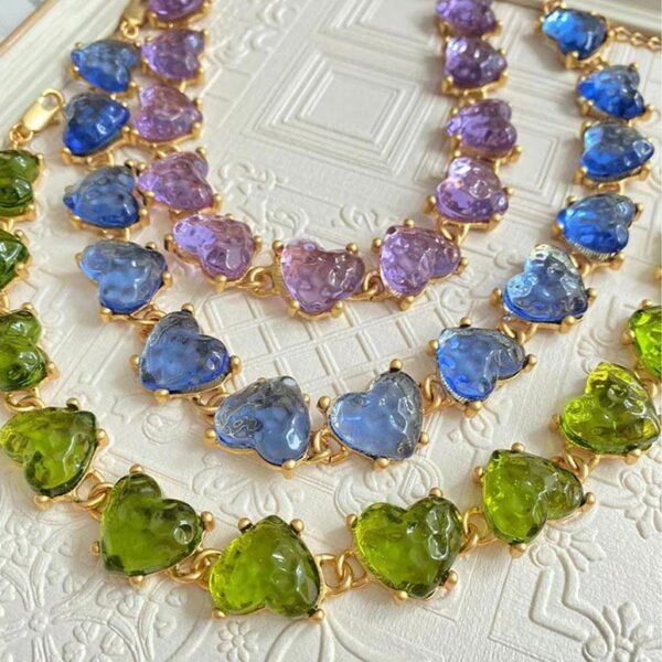 18K Gold Plated Vintage Heart Shape Crystal Glass Necklace Jewelry Sets - Dark Green - Image 8