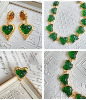 18K Gold Plated Vintage Heart Shape Crystal Glass Necklace Jewelry Sets - Dark Green - Sets B