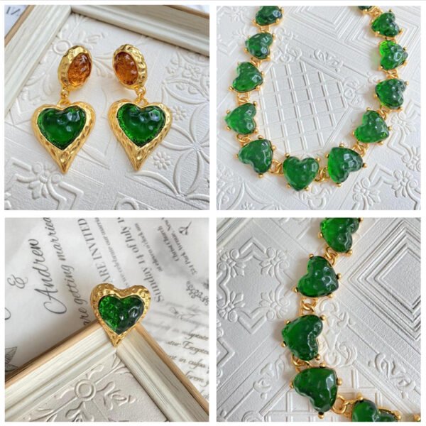 18K Gold Plated Vintage Heart Shape Crystal Glass Necklace Jewelry Sets - Dark Green - Image 2